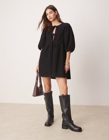 ASOS DESIGN tie front mini dress in corduroy in black