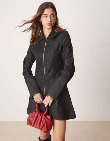 ASOS DESIGN zip front denim shirt dress in black ecru