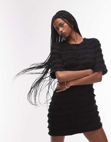 & Other Stories mini dress with all over fringing in black