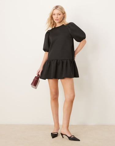 ASOS DESIGN dropped waist mini dress with puffed sleeve in black in scuba-style fabric