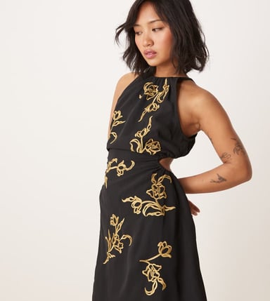 ASOS DESIGN petite all over floral embroidered halter mini dress with open back in black