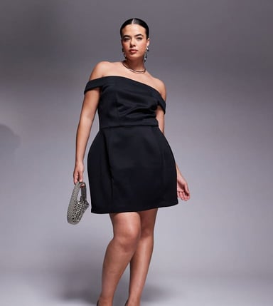 ASOS DESIGN Curve turn down bardot mini dress in black in scuba-style fabric