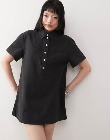 Monki oversized twill shirt dress in washed black