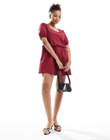 ASOS DESIGN poplin ruffle waistband smock dress in oxblood