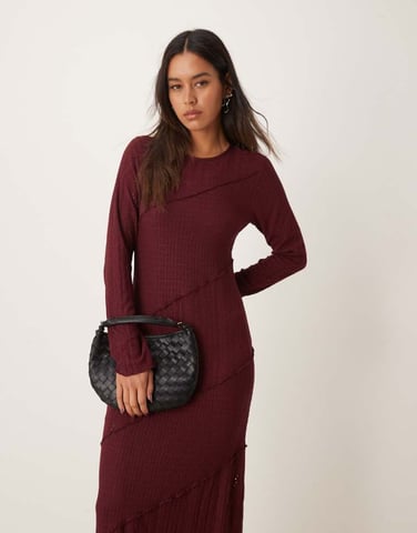 Miss Selfridge mix texture long sleeve dress in burgundy