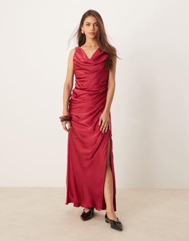 Abercrombie & Fitch cowl neck draped maxi dress in dark pink