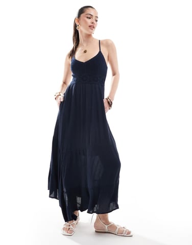 Hollister crochet & woven mix maxi dress with hanky hem in navy