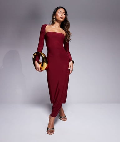 Kaiia exclusive double layered slinky bandeau maxi dress with long sleeve shrug in burgundy
