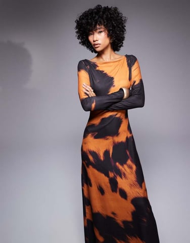 ASOS DESIGN long sleeve midi dress in orange cow print
