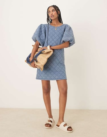 ASOS DESIGN quilted puff sleeve mini dress in denim wash