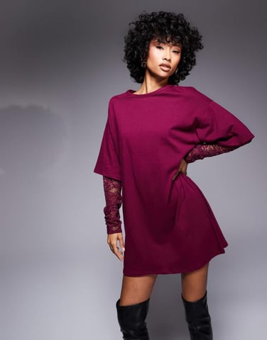ASOS DESIGN long sleeve lace sleeve t shirt mini dress in burgundy