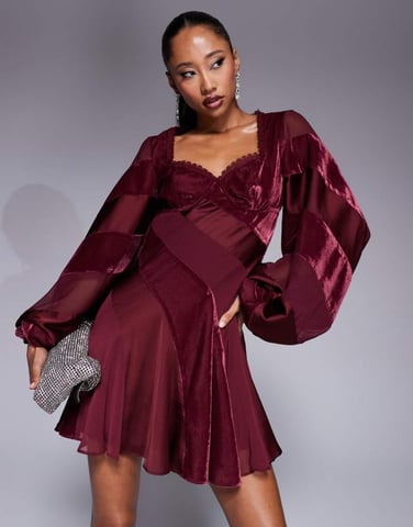 ASOS DESIGN velvet panelled lace trim mini dress with open back in burgundy