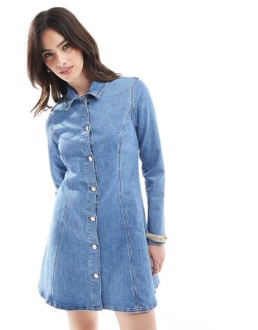 Miss Selfridge sömsömnadsdetaljer stretch denim passform och flared långärmad mini-klänning