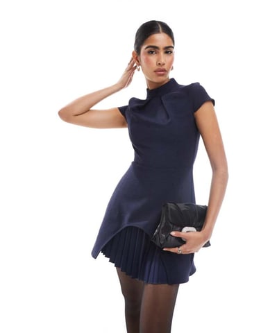 Closet London pleated cap sleeve mini dress in navy