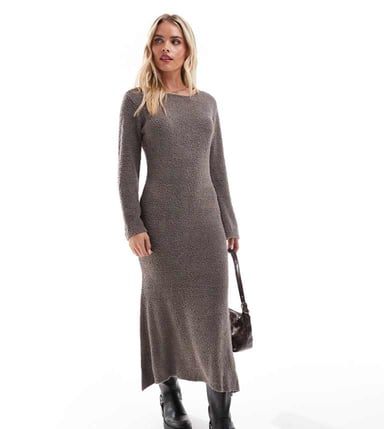 Vila Petite super soft fluffy maxi jumper dress in brown