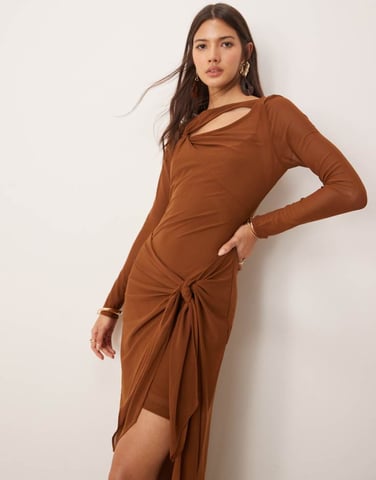 Forever New long sleeve drape maxi dress in brown