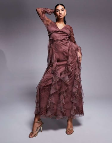 Lace & Beads long sleeve ruffle maxi dress in brown animal print