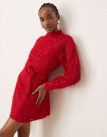 Vila fluffy textured tie waist mini dress in red