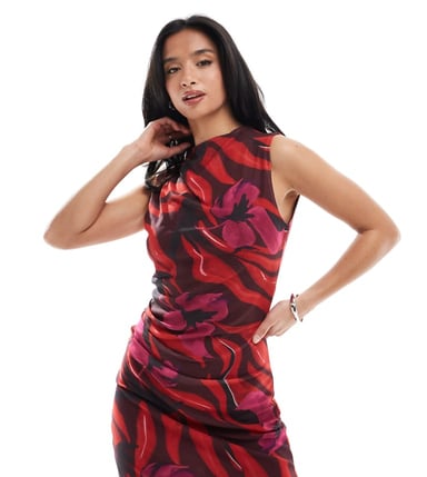 Vero Moda Petite mesh slash neck sleeveless mini dress in pink and red print