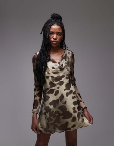 Topshop long sleeve cowl neck mini tea dress in blurred animal