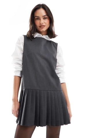 ASOS DESIGN slash neck pleated mini dress in grey