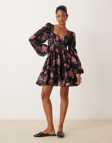 ASOS DESIGN stud trim babydoll mini dress in floral print