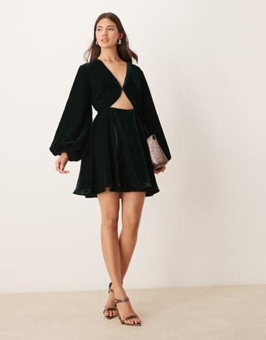 ASOS DESIGN long sleeve velvet cut out mini dress in dark green