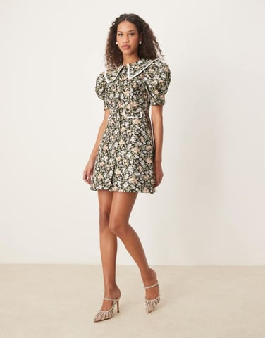 Sister Jane contrast collar jacquard mini dress in green floral