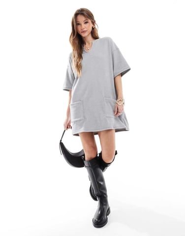 ASOS DESIGN ribbed slouchy T-shirt mini dress with pockets in grey