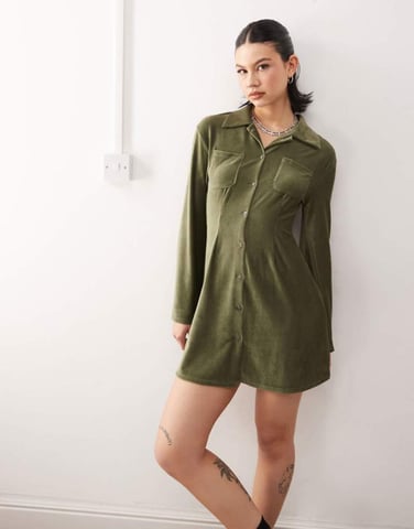 Reclaimed Vintage cord mini shirt dress in green