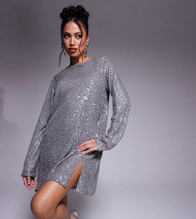 In The Style x Perrie Sian exclusive long sleeve shift sequin split hem mini dress in silver