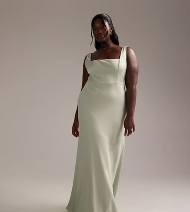 ASOS DESIGN Curve Bridesmaid satin square neck maxi dress in light green