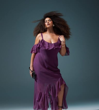 ASOS DESIGN Curve ruffle off shoulder maxi dress with asymmetric godets in aubergine