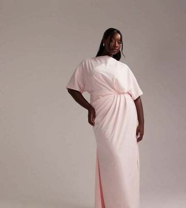 ASOS DESIGN Curve Bridesmaids slash neck crepe t-shirt sleeve minimal drape maxi dress in soft pink