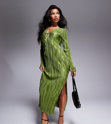 In The Style exclusive tie front plisse maxi dress in khaki