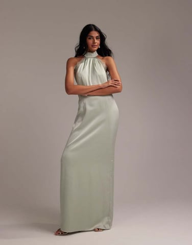 ASOS DESIGN Bridesmaids lace detail halter column maxi dress in light green