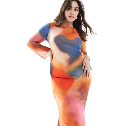Vero Moda Curve long sleeved mesh maxi dress in sunset blue abstract