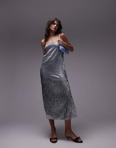 Topshop needle embellished bandeau maxi dress in silver