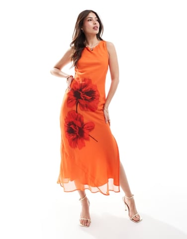 ASOS DESIGN placement print column midi dress in orange floral print
