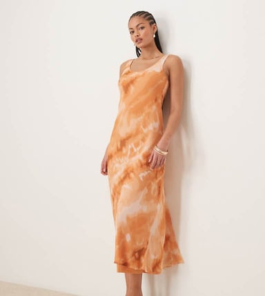 ASOS DESIGN Tall chiffon scoop neck midi slip dress in orange tie dye print