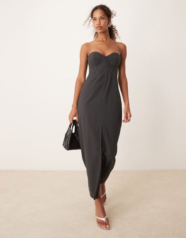 ASOS DESIGN corset detail bandeau midaxi dress with front split in charcoal grey