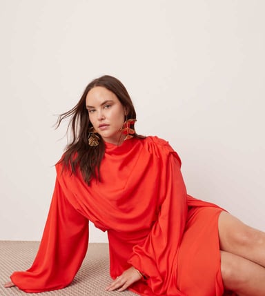 ASOS EDITION Curve satin volume blouson sleeve satin midi dress in red