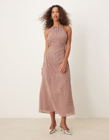 ASOS DESIGN all over floral embroidered halter maxi dress with open back in mink