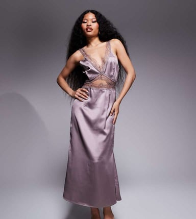 Never Fully Dressed Petite lace cut-out slip maxi dress in Mink