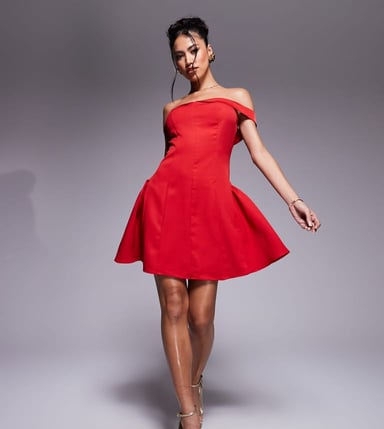 In The Style x Perrie Sian exclusive bardot structured satin skater mini dress in red