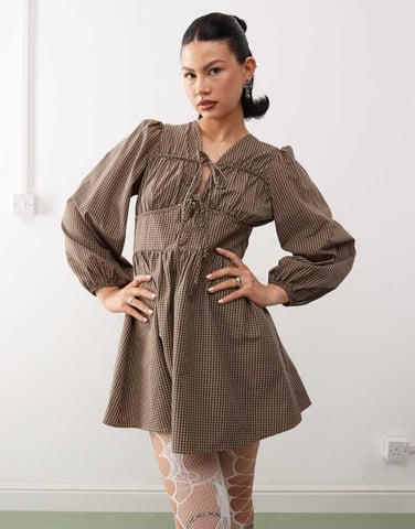 Reclaimed Vintage mini smock dress with tie front in brown check