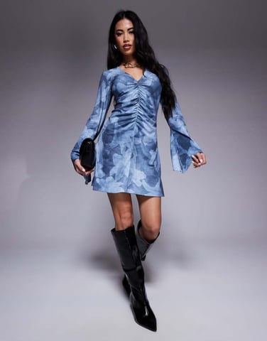 ASOS DESIGN V neck ruched with flare sleeve mini dress in blue floral