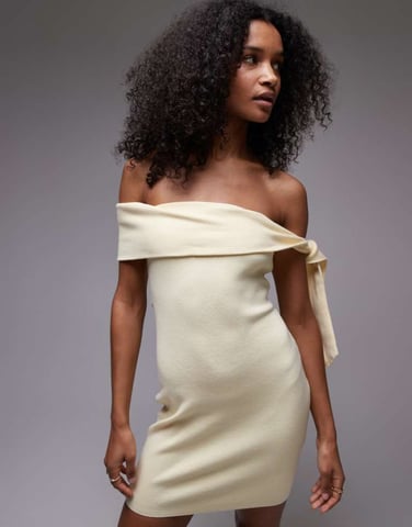 SNDYS bardot tie sleeve detail mini dress in yellow