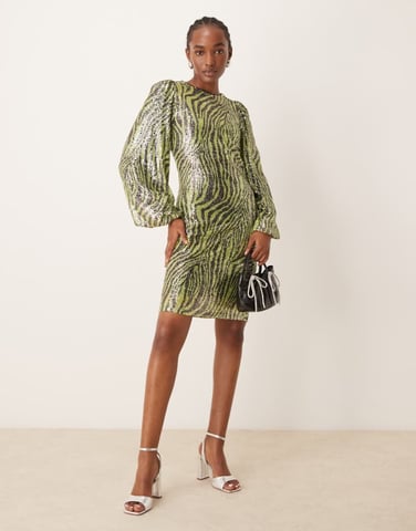 YAS sequin mini dress in green zebra