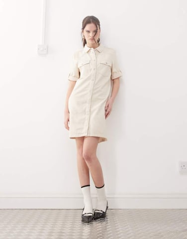 Noisy May rolled sleeve denim mini dress in cream